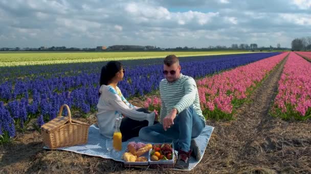 Casal homem e mulher no campo de flores, campo de tulipas na Holanda, campos de tulipas coloridos em Flevoland Noordoostpolder Holland, vistas holandesas da primavera — Vídeo de Stock