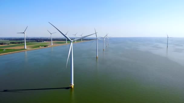 Parque Molinos Viento Océano Vista Aérea Drones Turbinas Molinos Viento — Vídeo de stock