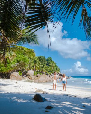 Anse Patates plajı, La Digue Adası, Seyshelles, La Digue Seychelles 'in tropikal ada kuş bakışı görüntüsü. Seyşeller 'de tatilde olan olgun çift.