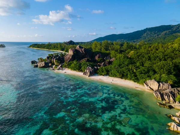 Anse Source Dargent Beach Digue Island Seyshelles Drone Vista Aerea — Foto Stock