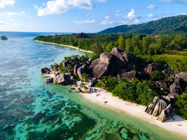 Anse Source Dargent Beach Digue Island Seyshelles Drone Vista Aerea — Foto Stock