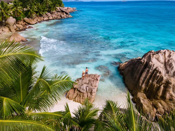 Anse Patates Plaża Digue Island Seyshelles Drone Widok Lotu Ptaka — Zdjęcie stockowe