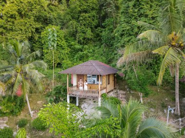 Railay Beach Krabi Tayland, ormanda sırt çantalı bambu kulübeleri olan tropikal bir plaj. Okyanus kıyısındaki ormanda güzel bir bambu kulübesi.