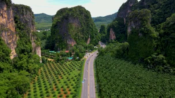 Hermosa Carretera Con Tráfico Entre Palmeras Montañas Piedra Caliza Krabi — Vídeos de Stock