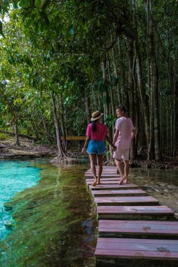 Emerald Gölü Mavi Havuzu Krabi Tayland mangrov ormanı Krabi Tayland. Genç Asyalı kadın ve Avrupalı erkekler gölde