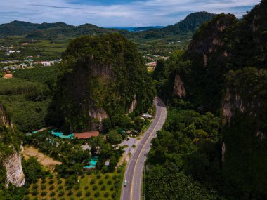 Palmiye ağaçları ve Krabi Tayland 'daki kireçtaşı dağları arasındaki trafiğin olduğu güzel bir yol, palmiye ağaçları arasındaki yol.