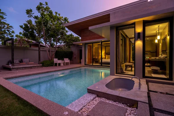 Modern house with a swimming pool, modern pool villa at the beach, luxury villa