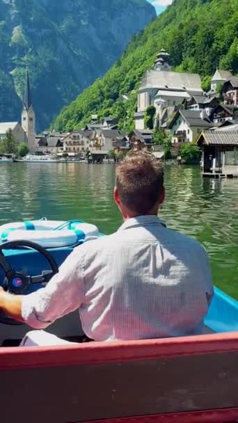 Postcard View Famous Hallstatt Mountain Village Austrian Alps Beautiful Light — Stockvideo