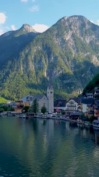 Postcard View Famous Hallstatt Mountain Village Austrian Alps Beautiful Light — Stockvideo
