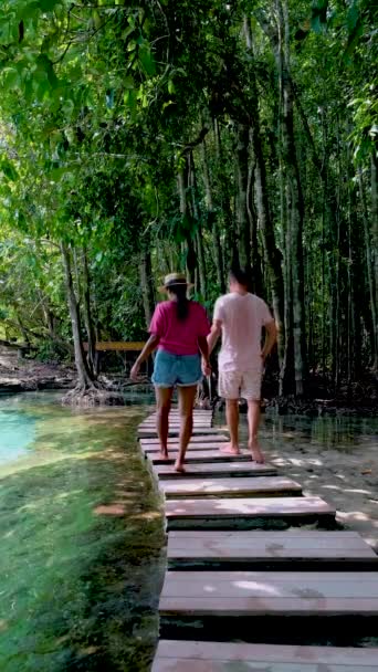 Couple Visiting Emerald Pool Krabi Thailand Emerald Pool Blue Pool — Vídeos de Stock