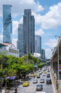 Bangkok Thailand July 2022, traffic rush hour in the city at dusk evening, Bangkok cityscape traffic. 