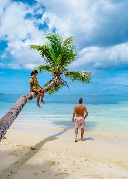 Mahe Seychellen Een Tropisch Strand Met Palmbomen Een Blauwe Oceaan — Stockfoto