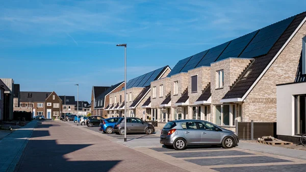 Newly Build Houses Solar Panels Attached Roof Sunny Sky Close — Stock fotografie