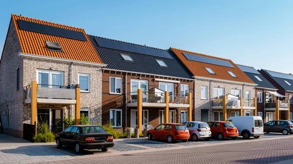 Newly Build Houses Solar Panels Attached Roof Sunny Sky Close — Fotografia de Stock