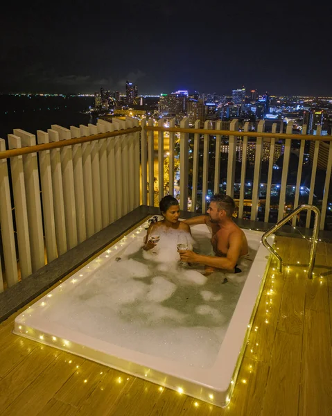 Couple Men Women Having Bath Balcony Looking Out Bay Pattaya — Stockfoto