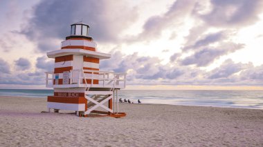 South Beach Miami Florida, beach hut lifeguard hut during sunset. beautiful sunset on Miami Beach