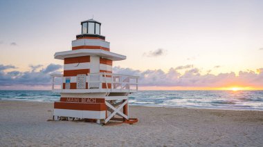 South Beach Miami Florida, beach hut lifeguard hut during sunset. beautiful sunset on Miami Beach