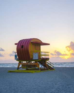 South Beach Miami Florida, beach hut lifeguard hut during sunset. beautiful sunset on Miami Beach