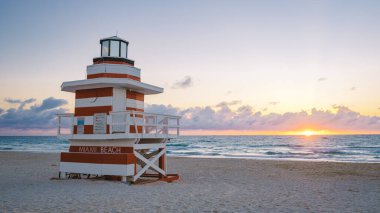 South Beach Miami Florida, beach hut lifeguard hut during sunset. beautiful sunset on Miami Beach