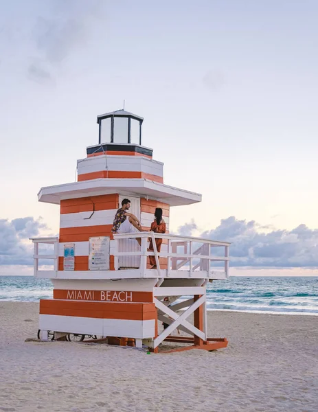 South Beach Miami Florida Beach Hut Lifeguard Hut Sunset Beautiful — Stockfoto