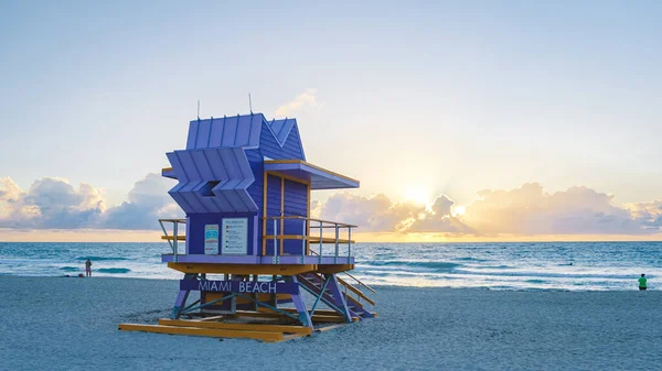 South Beach Miami Florida Beach Hut Lifeguard Hut Sunset Beautiful — Stockfoto