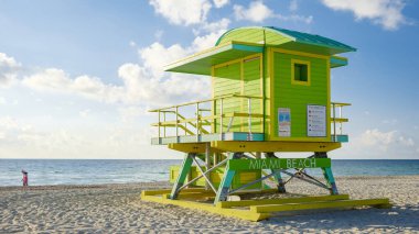 Lifeguard hut on the beach in Miami Florida, colorful hut on the beach during sunrise Miami South Beach.
