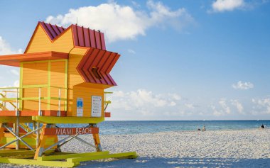 Lifeguard hut on the beach in Miami Florida, colorful hut on the beach during sunrise Miami South Beach.