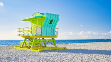 Lifeguard hut on the beach in Miami Florida, colorful hut on the beach during sunrise Miami South Beach. Sunny day on the beach