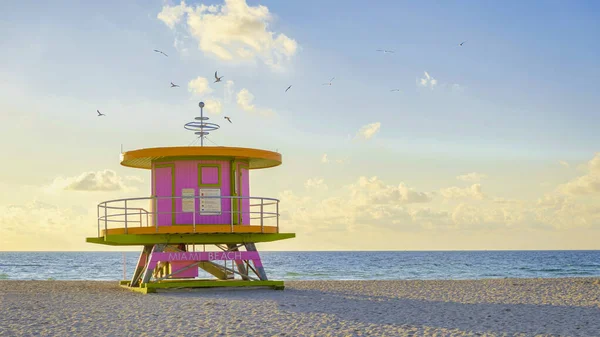 Lifeguard hut on the beach in Miami Florida, colorful hut on the beach during sunrise Miami South Beach. Sunny day on the beach