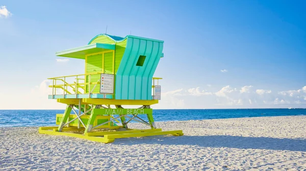 Lifeguard hut on the beach in Miami Florida, colorful hut on the beach during sunrise Miami South Beach. Sunny day on the beach