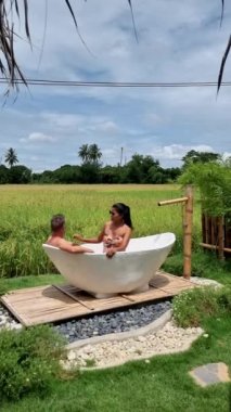 A couple of men and women visiting an eco farm on vacation relaxing in a white bathtub between a beautiful green paddy field in Thailand, and bath tub at a home stay farm at the rice field Thailand