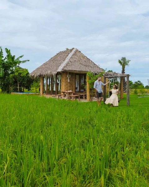 Couple Men Women Vacation Homestay Thailand Eco Farm Green Rice — Photo