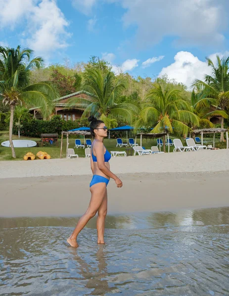 Asian Women Walking Beach Vacation Saint Lucia Luxury Holiday Saint — 스톡 사진
