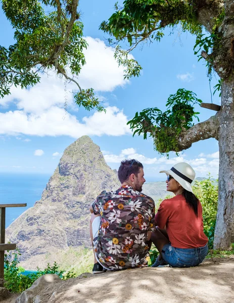 Couple Hiking Mountains Saint Lucia Caribbean Nature Trail Jungle Saint — Fotografia de Stock