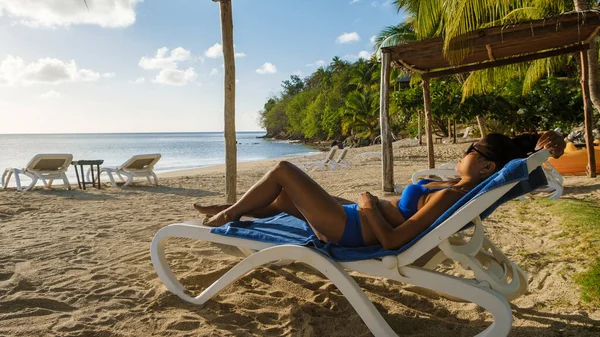 Asian Women Relaxing Beach Chair Sunset Saint Lucia Caribbean Asian —  Fotos de Stock