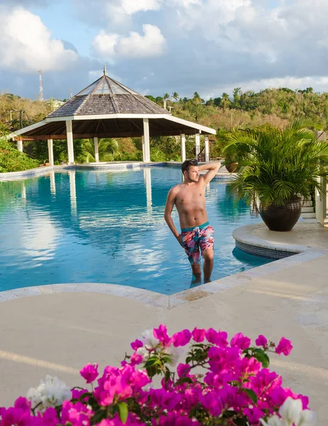 Young Men Swim Shorts Saint Lucia Caribbean Men Infinity Pool — Foto Stock
