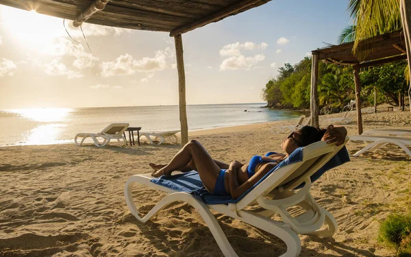 Asian Women Relaxing Beach Chair Sunset Saint Lucia Caribbean Asian — Foto Stock