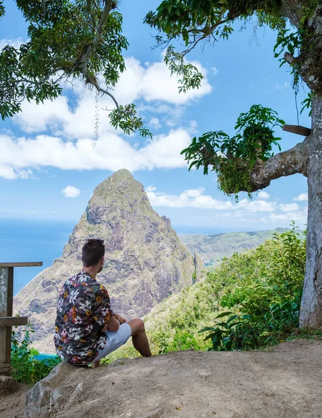 Men Hiking Mountains Saint Lucia Caribbean Nature Trail Jungle Saint — ストック写真