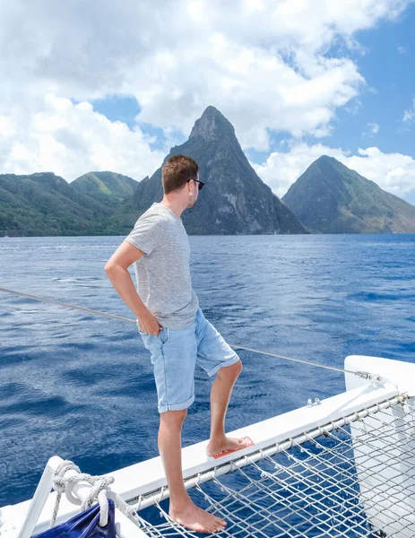 Young Men Swim Short Boat Trip Catamaran Vacation Saint Lucia — Stok fotoğraf