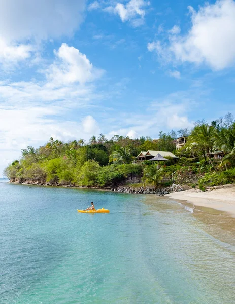 Young Men Kayak Tropical Island Caribbean Sea Lucia Saint Lucia — Zdjęcie stockowe