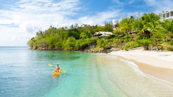 Young Men Kayak Tropical Island Caribbean Sea Lucia Saint Lucia — Stockfoto