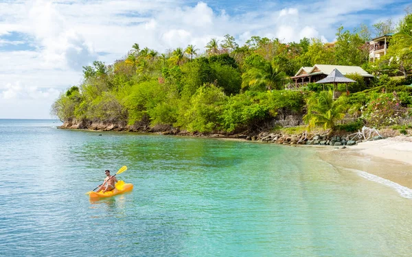 Young Men Kayak Tropical Island Caribbean Sea Lucia Saint Lucia — Zdjęcie stockowe