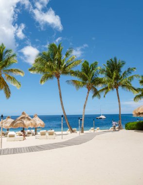 Sugar beach Saint Lucia, is a public white tropical beach with palm trees and luxury beach chairs on the beach of the Island St Lucia Caribbean. 