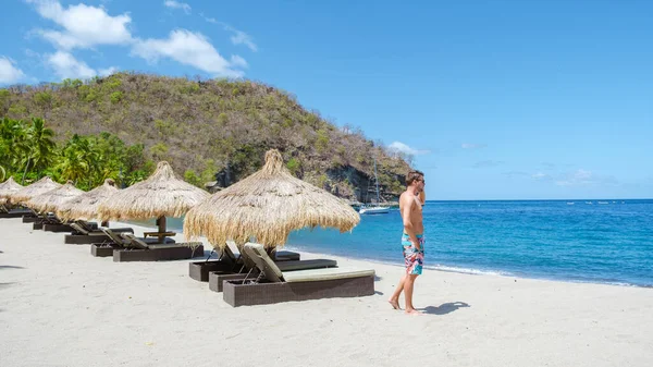 Young Men Swim Short Walking Tropical Beach Lucia White Beach — Foto Stock