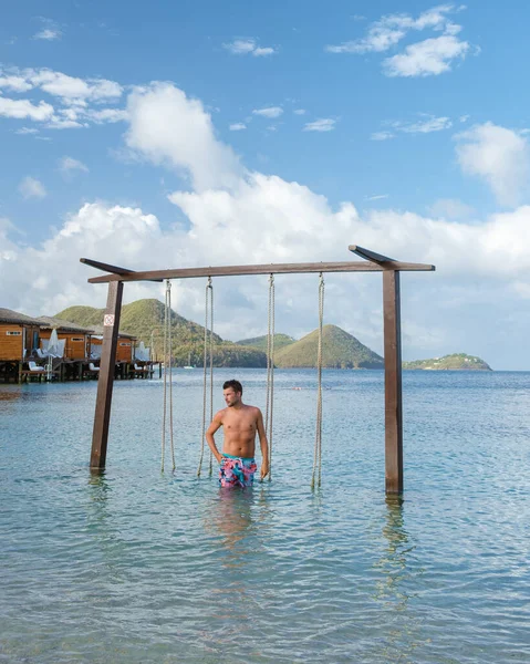 Men Swing Beach Tropical Island Saint Lucia Lucia Caribbean Holiday — 스톡 사진