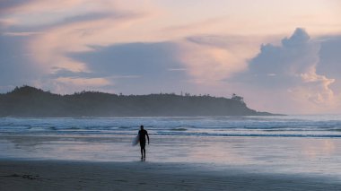 Tofino Vancouver Island Pacific rim coast, surfers with surfboard during sunset at the beach, surfers silhouette Canada Vancouver Island Tofino Vancouver Islander Island 