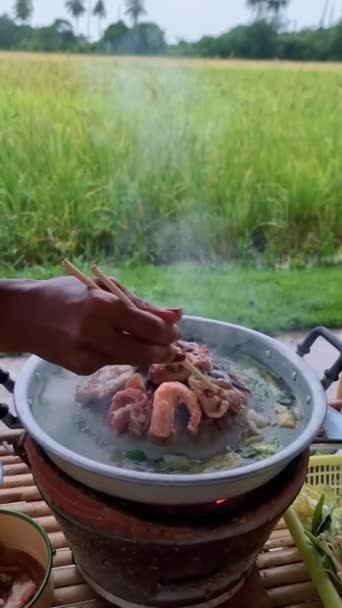 Korean Bbq Vacation Homestay Thailand Eco Farm Green Rice Paddy — Vídeo de Stock