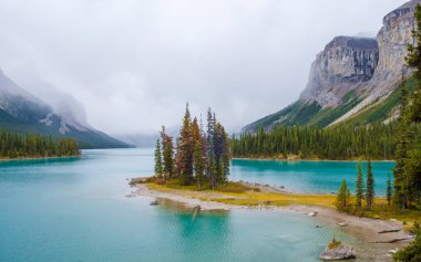 Spirit Island in Maligne Lake, Jasper National Park, Alberta, Canada. The Canadian Rockies. 