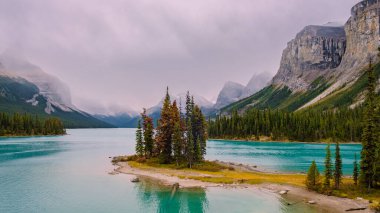 Spirit Island in Maligne Lake, Jasper National Park, Alberta, Canada. The Canadian Rockies. 