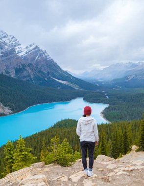 Lake Peyto in Banff National Park, Canada. Mountain Lake as a fox head is popular among tourists in Canada driving the icefields parkway. young women on top of a mountain looking out over a lake